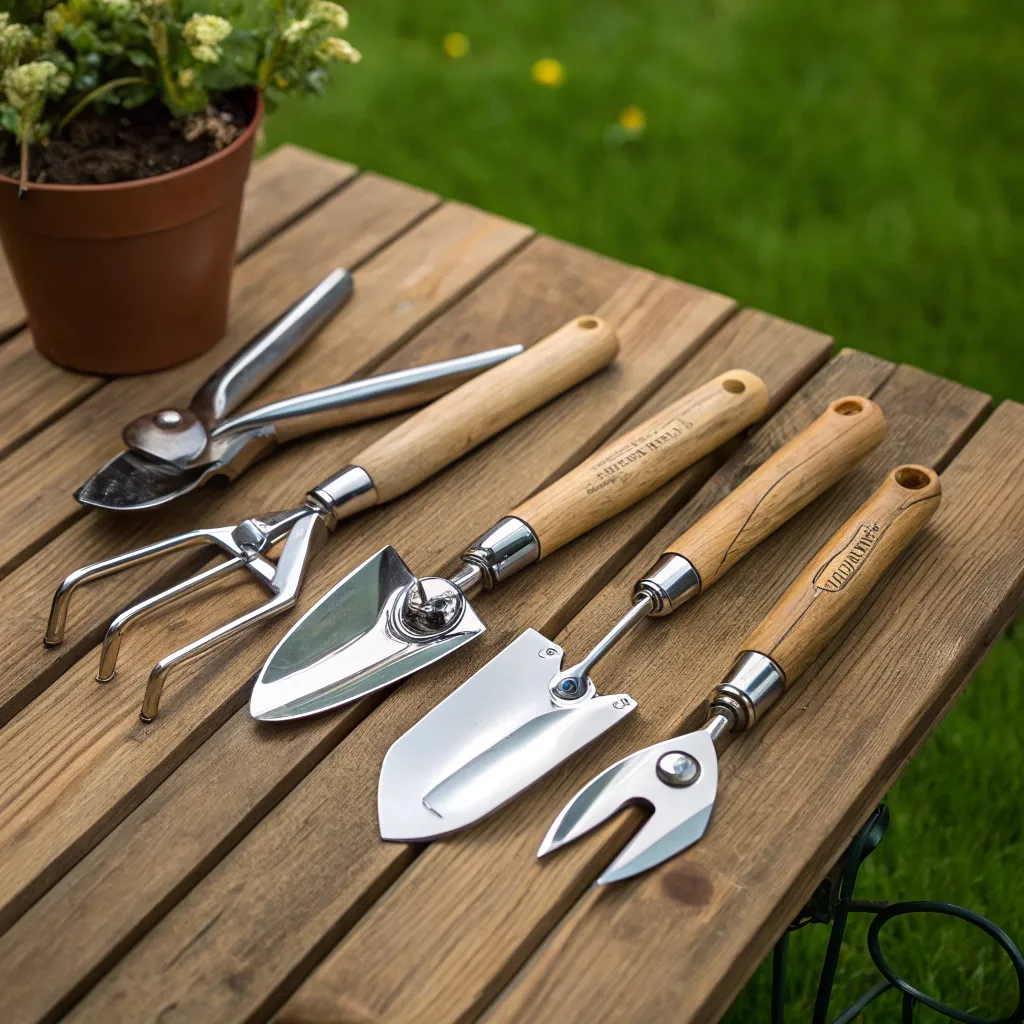 Various gardening tools neatly arranged