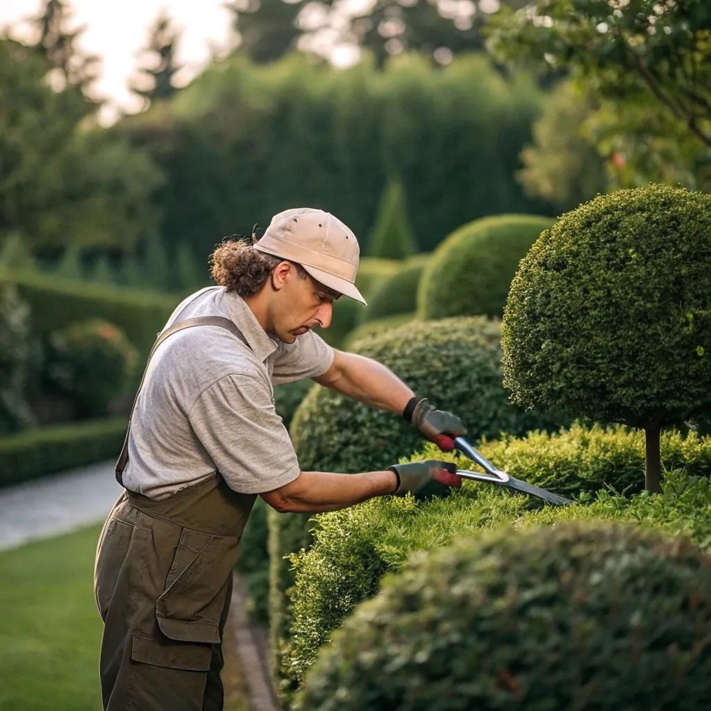 Gardener pruning bushes